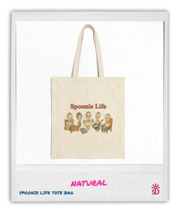 Canvas tote bag featuring the Spoonie Life graphic with cartoon spoons illustrating everyday chronic illness experiences.