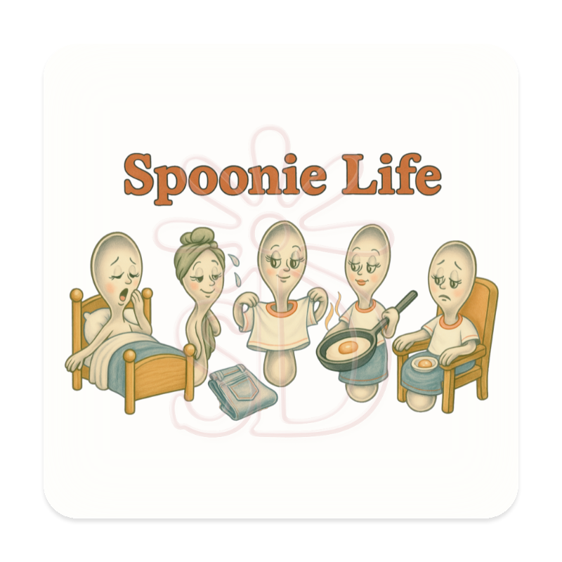 Five anthropomorphic spoon characters representing chronic illness life-resting in bed, bathing, getting dressed, cooking, and sitting to eat-titled 'Spoonie Life.