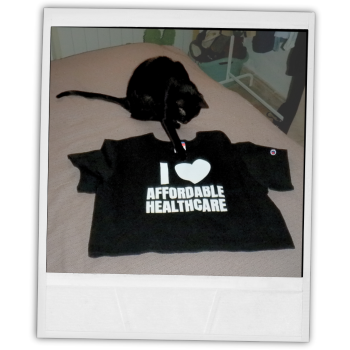 Polaroid-style photo of a black cat inspecting an “I Love Affordable Healthcare” crop top on a bed